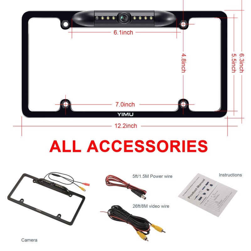 YIMU Backup Camera Vehicle Reversing for Car/SUV/Pickup/Truck/Van/RV/Trailer Single Power Rear View System Driving/Reversing Use IP69 Waterproof Night Vision License Plate Frame Backup Camera - Image 5